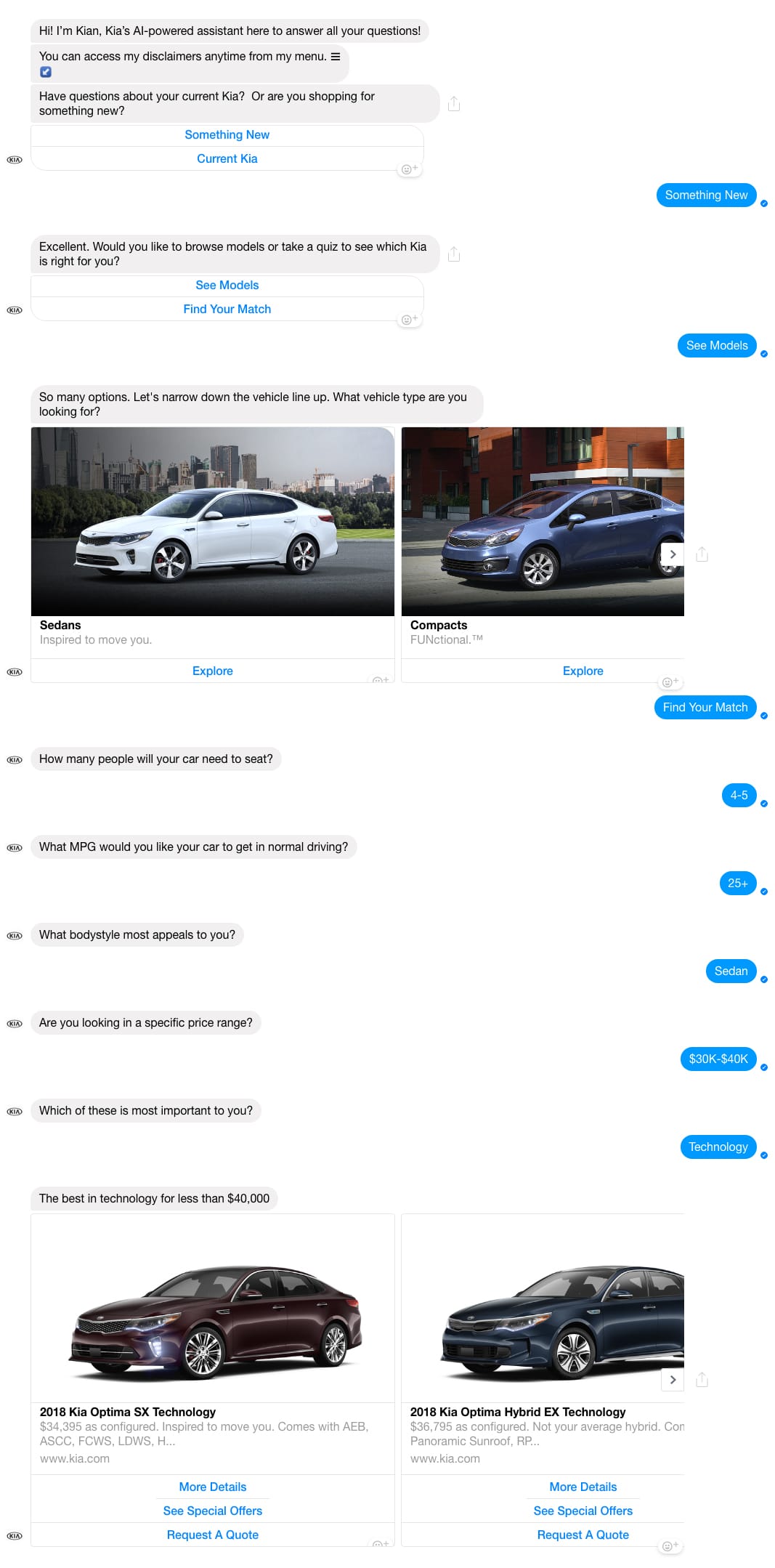 Facebook Messenger Bot Example: KIA Motors America