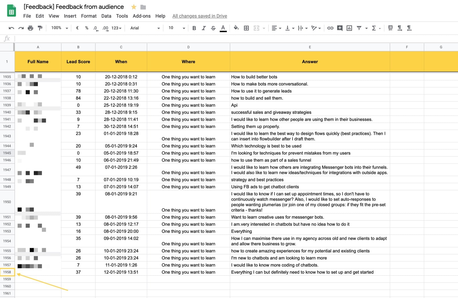 Google Sheet with feedback from subscribers