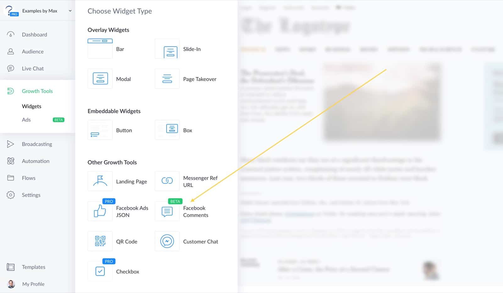 Choose widget type: facebook comment growth tool