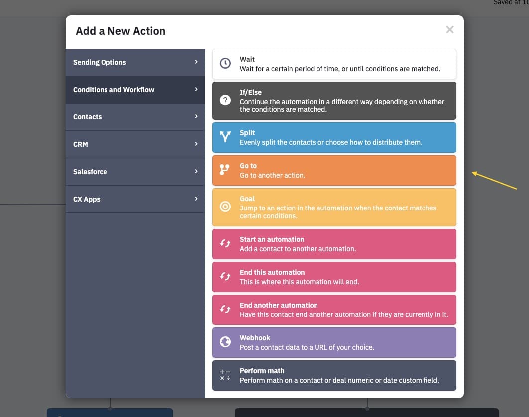 activecampaign add go to action to automation