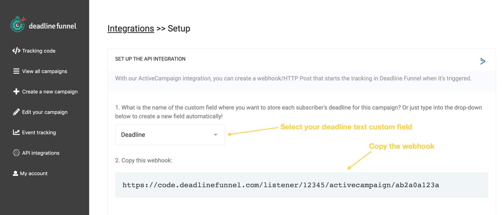 Select custom field and copy webhook