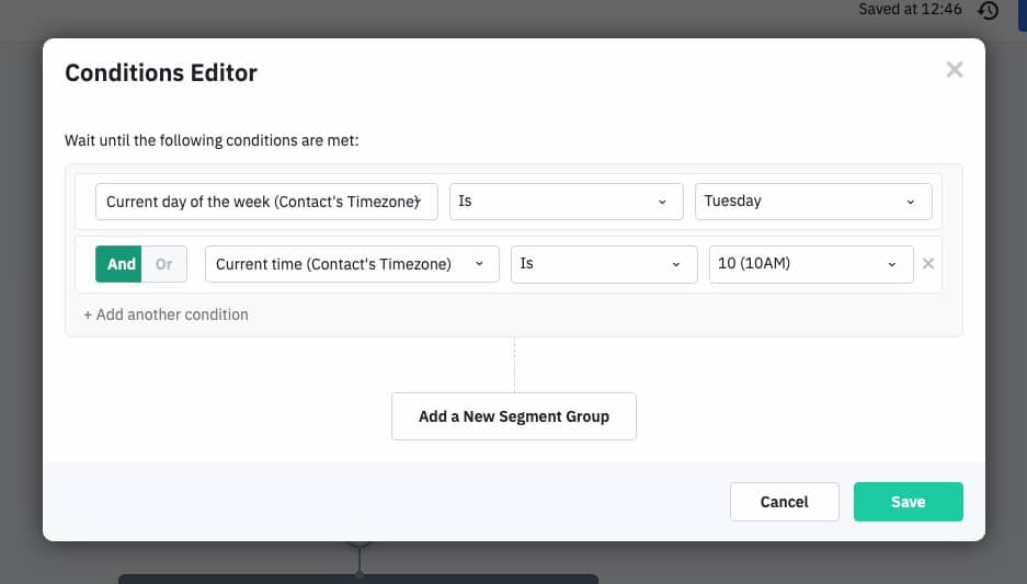 set conditions of the wait until in activecampaign