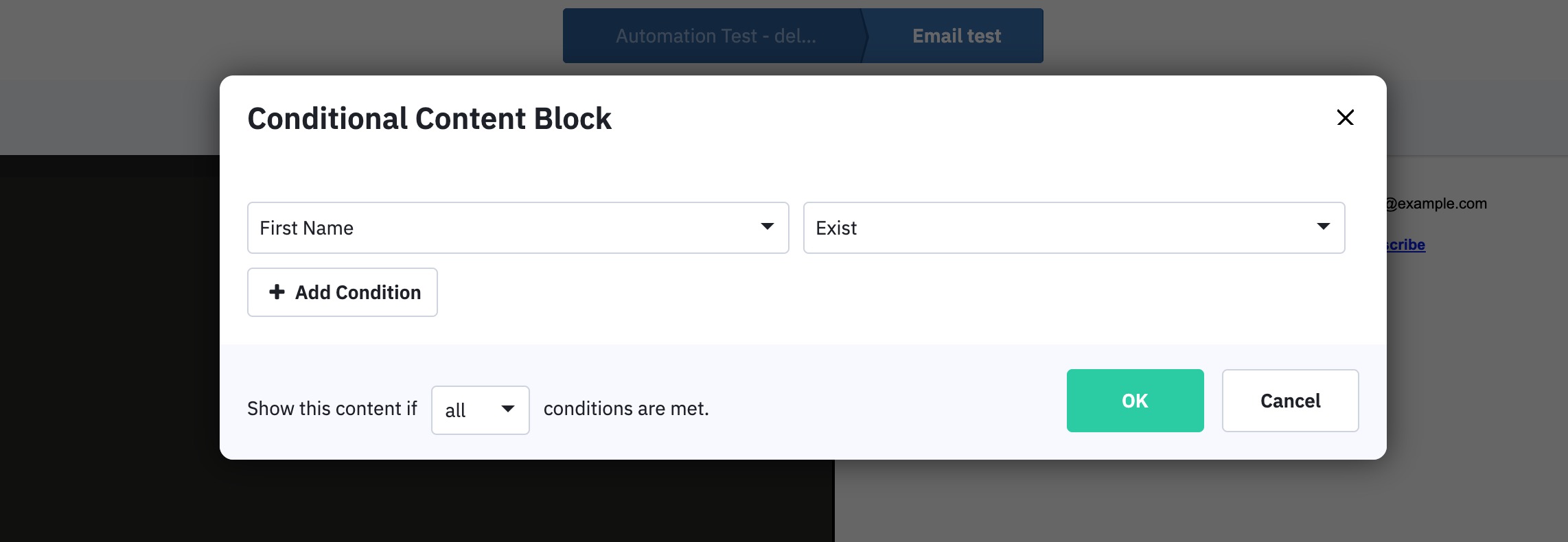 Modal window where you can set conditional content in ActiveCampaign