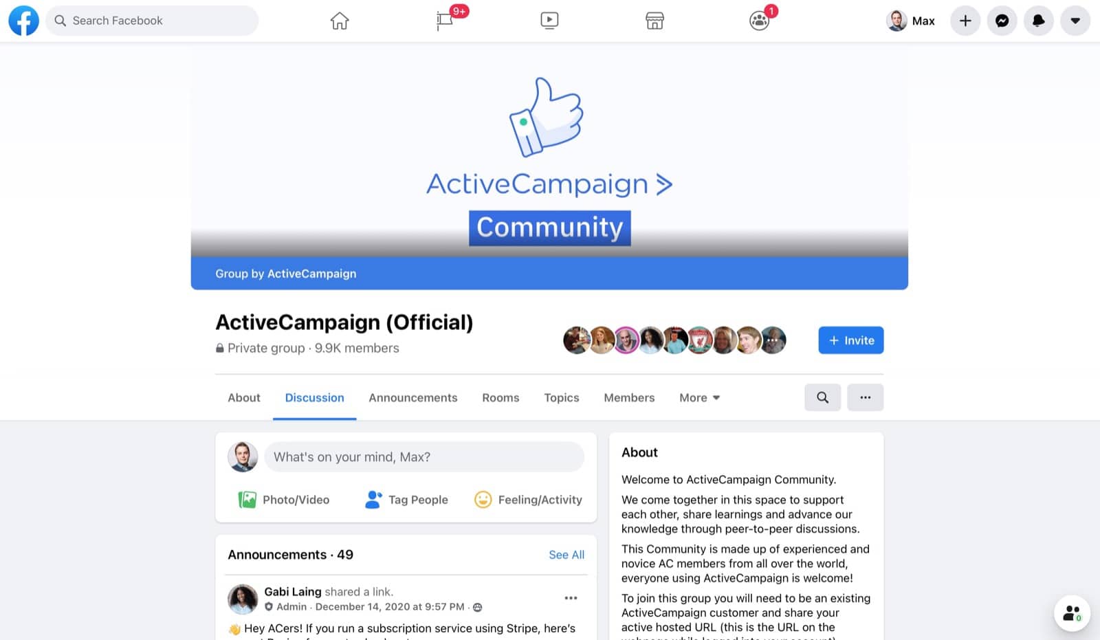 Preview of ActiveCampaign community on Facebook