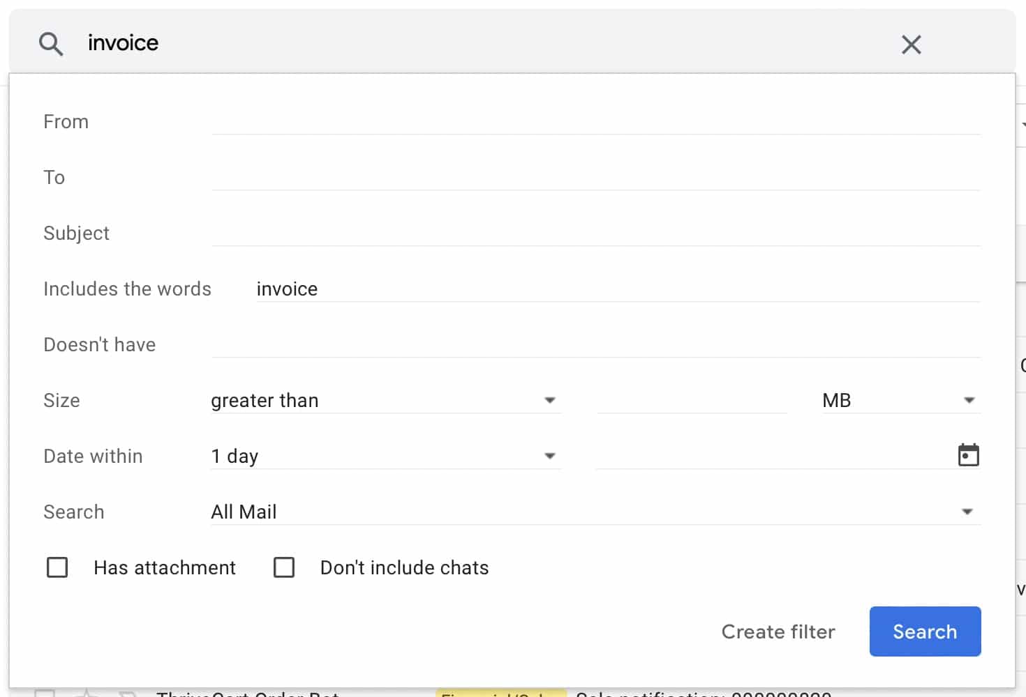 window to create a new filter in Gmail