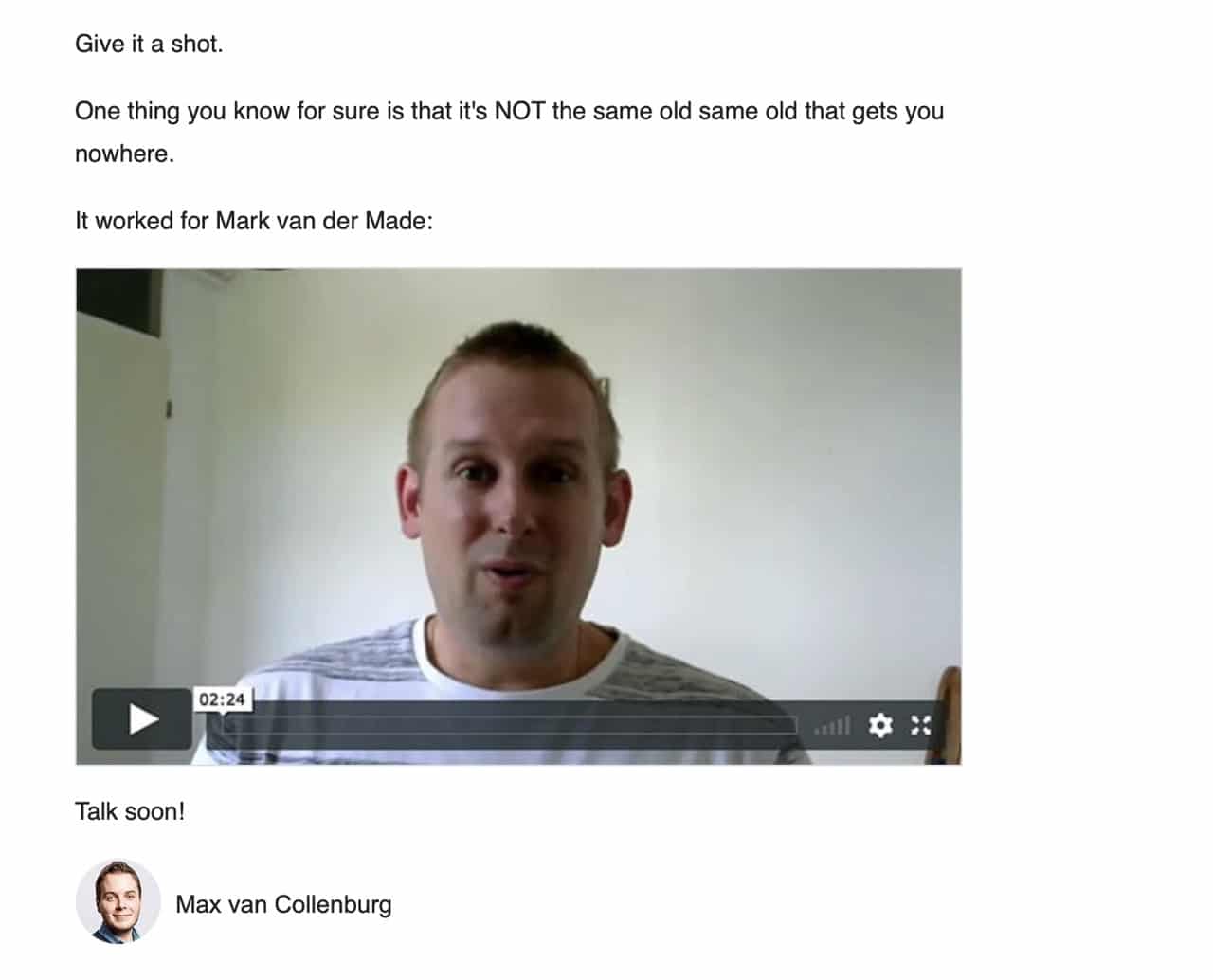 Example of a video testimonial in an email