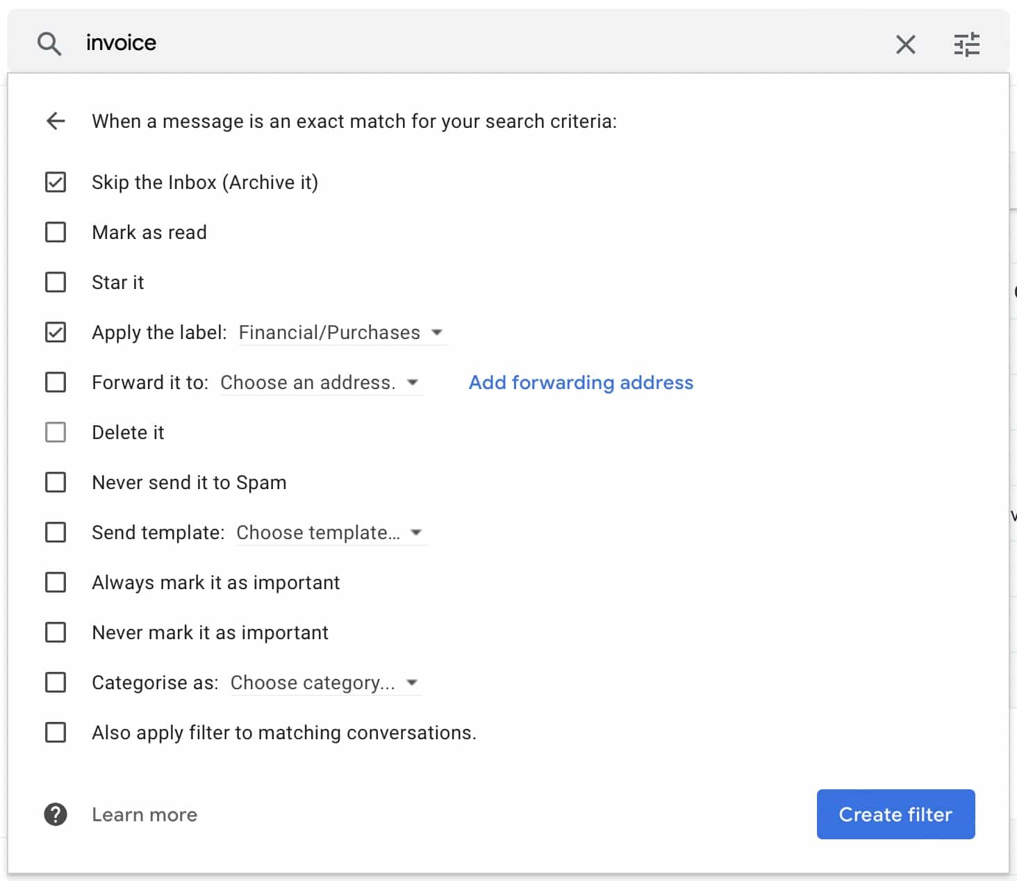 Screenshot of Gmail to show how to set actions for Gmail filter