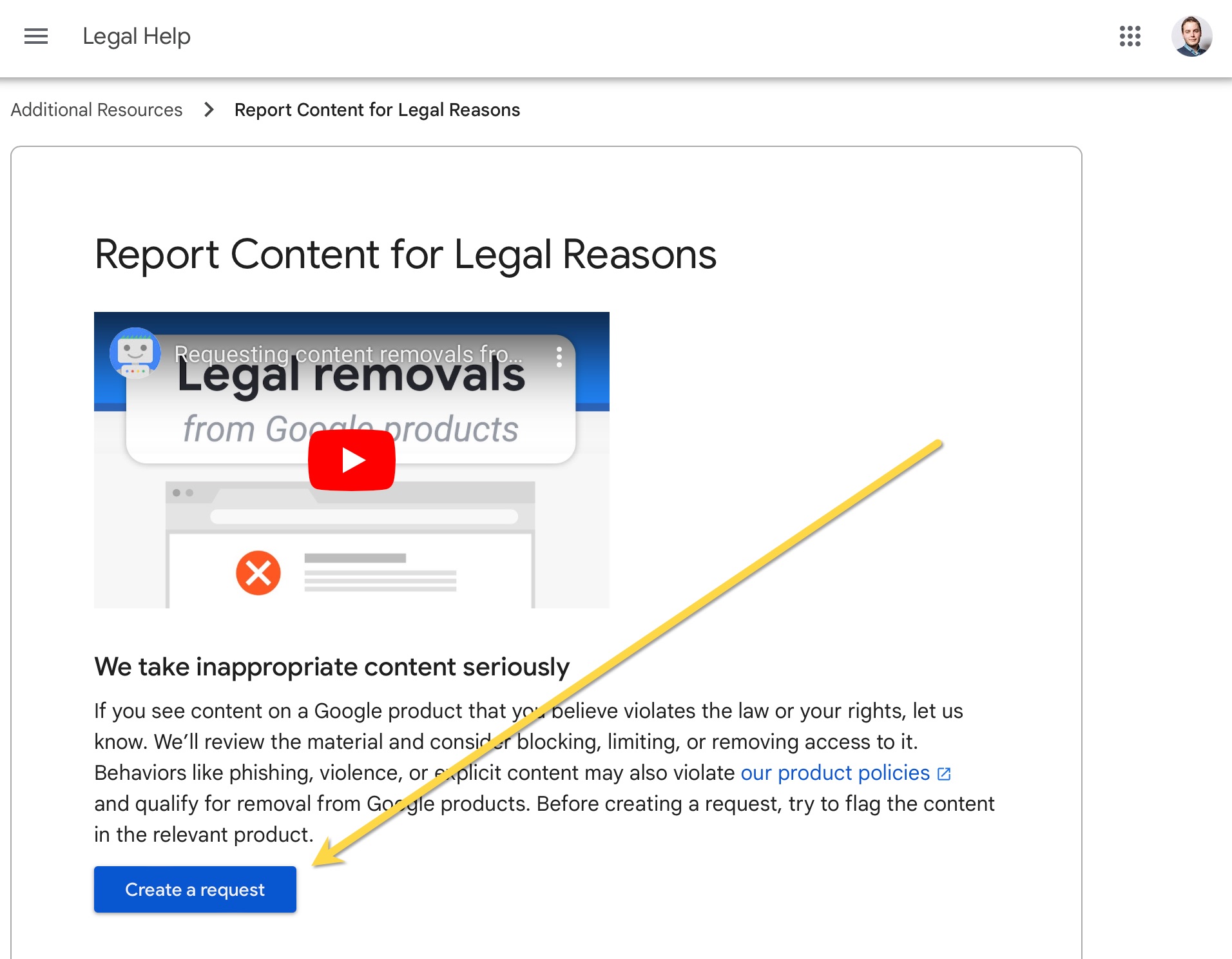 report content to google make new request