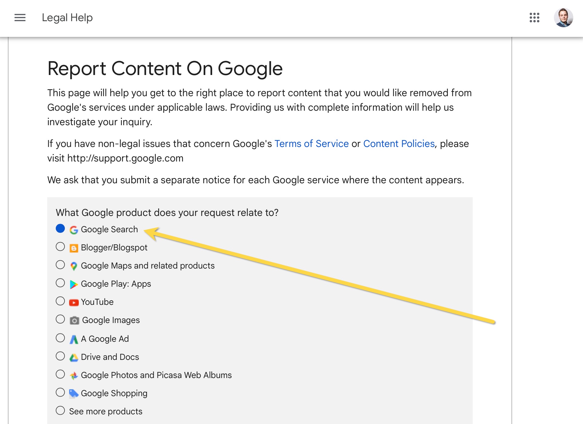 select related google product to report content