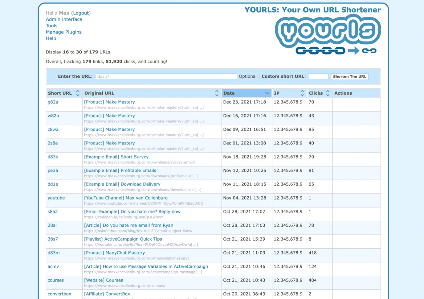 yourls-dashboard-example yourls dashboard
