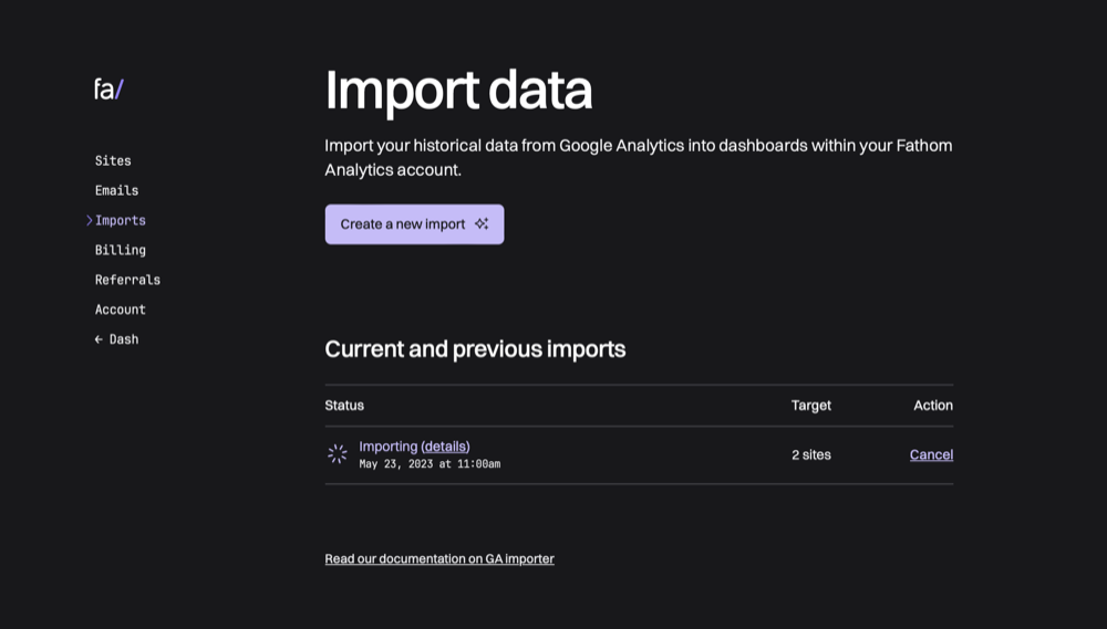 import google analytics data into fathom analytics
