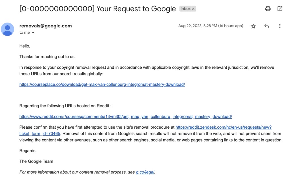 email response to copyright removal request from google
