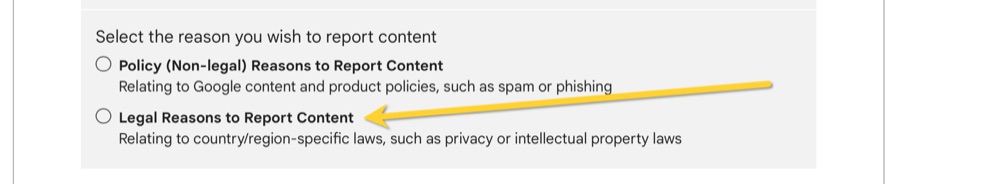 select reason to report content policy or legal